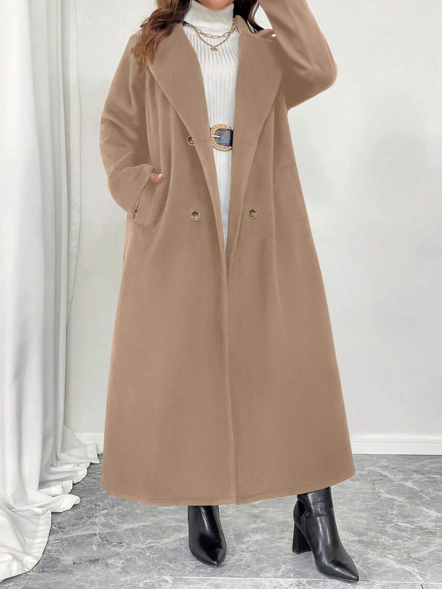 SHEIN Unity 大码女式双排扣缺口领休闲优雅长款大衣,适合冬季 - 卡其色 - 查看 1