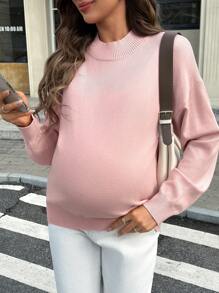 SHEIN Solid Color Maternity Sweater With Turtle Neck, Fashionable & Comfortable For Outings, Dates, And Photo Shoots - Pink - View 4