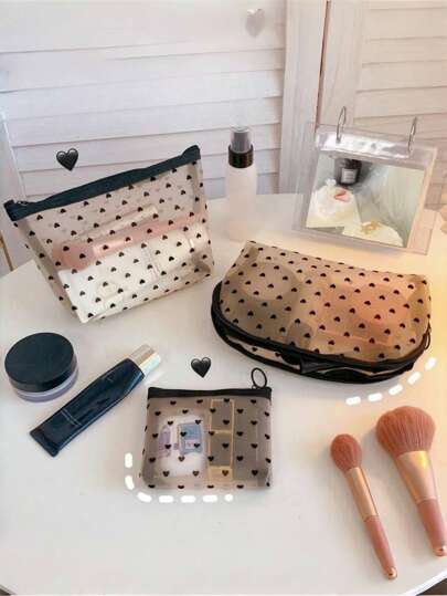 1 件心形印花网眼化妆包套装洗漱化妆品钱包带拉链便携式收纳整理器适用于家庭办公室旅行圣诞礼物波西米亚风