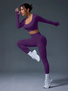 SHEIN Sport Studio Women Solid Color Round Neck Long Sleeve Top & Pants Sports Suit, Minimalist Design Gym Set Workout Women Set