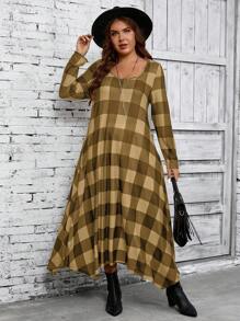EMERY ROSE 大码女式格子中长连衣裙，秋季女装 - 棕色 - 查看 4