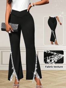 SHEIN Lady 四季喇叭紧身裤 腿部开衩 金属装饰喇叭裤 优雅派对裤 女士裤子 - 黑色 - 查看 1