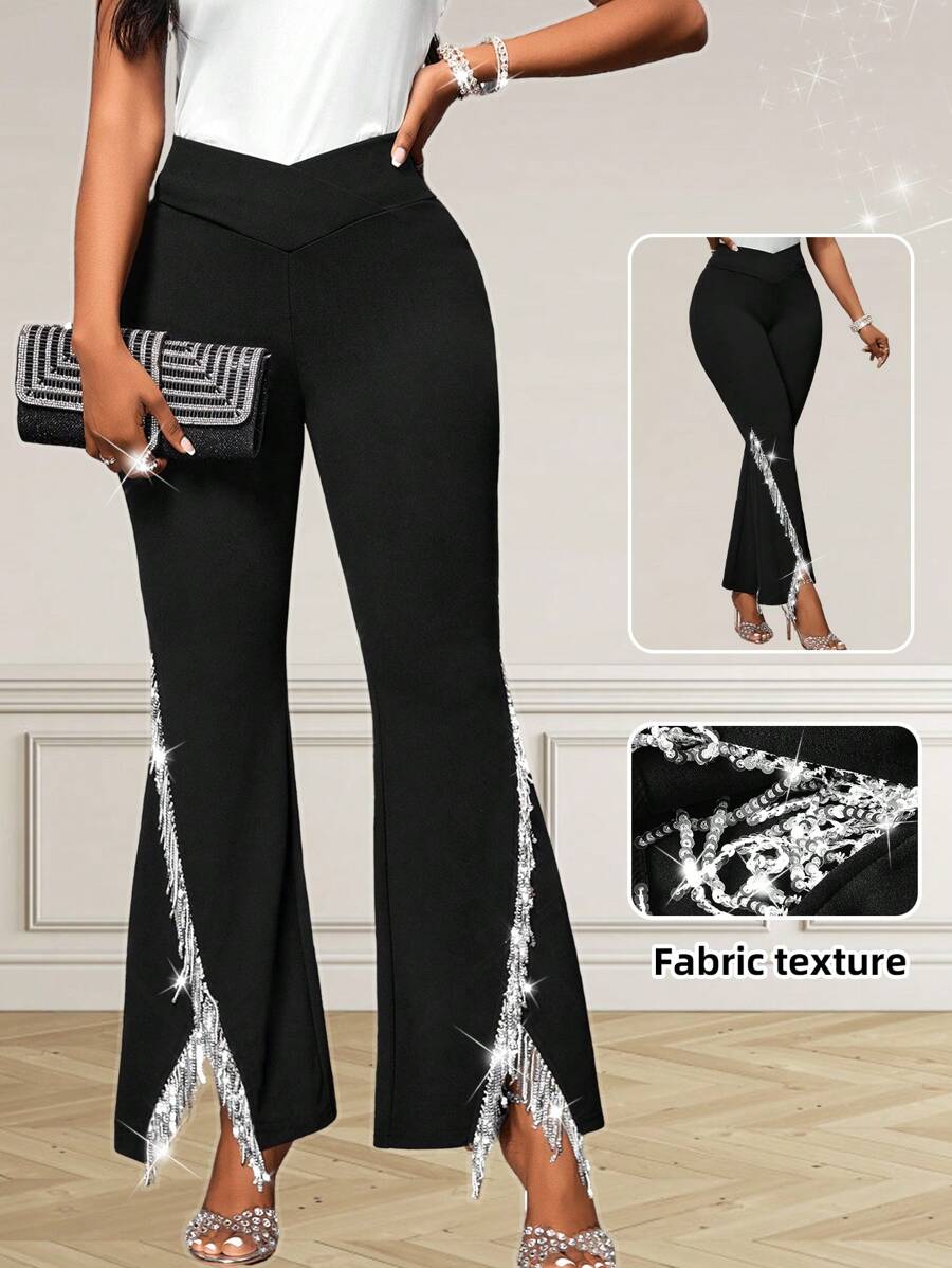 SHEIN Lady 四季喇叭紧身裤 腿部开衩 金属装饰喇叭裤 优雅派对裤 女士裤子 - 黑色 - 查看 1
