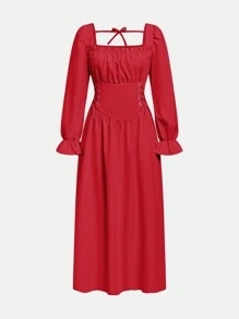 SHEIN Wildeya Donkere esthetische taille-cinch vierkante hals lange mouw jurk voor tienermeisjes