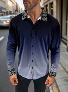 Manfinity Homme Plus Size Men Ombre Paisley Print Patchwork Long Sleeve Shirt, Autumn