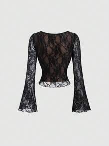 Sweetra Top à manches longues, col carré, nœud papillon en dentelle sexy pour femmes, tenue décontractée Y2K