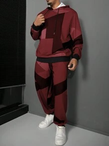 Manfinity Homme Plus Size Men's Solid Color Patchwork Casual Hooded Sweatshirt And Pants Set