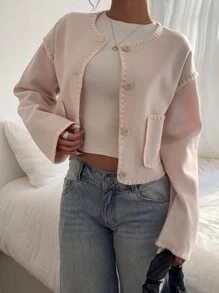 Siren Gaze Veste col rond pour femmes, veste à bordure contrastée brodée, veste de style casual de rue pour femmes, vêtements de bureau