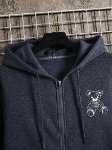 RueChic Men Bear Printed Hooded Regular Zip Up Hoodie - Dark Grey - View 3