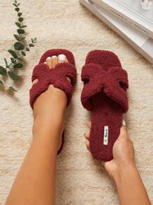 SHUZIA All-Time Bestseller Women's Soft Cozy Warm Plush Luxe-Inspired Harness Cutout Open Toe Fleece Wine Slide Slippers