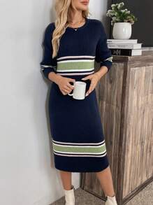 SHEIN Clasi Women's Casual Striped Crew Neck Long Sleeve Loose Pullover Dress Fall Cloth For Women - Multicolor - View 3