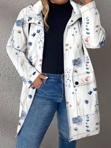 SHEIN LUNE Soft & Fresh Floral Pattern Hooded Windbreaker Jacket, Plus Size Plus Size Fall Clothes - Multicolor - View 3
