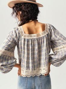 Bohemela Dames Casual Geweven Geruit Contrasterende Kanten Bies Vierkante Hals Losse Blouse