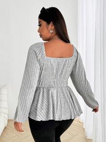 Flirla 大码心形领长袖 T 恤，正面带结，袖口有弹性 - 灰色 - 查看 2