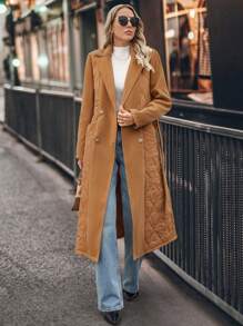 SHEIN LUNE Abrigo casual de invierno para mujer de unicolor, con cuello de solapa, doble botonadura y relleno, para otoño