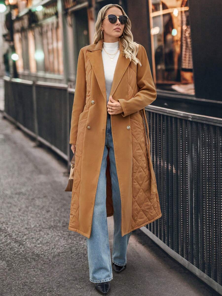 SHEIN LUNE Women's Solid Color Lapel Neck Double Breasted Long Casual Winter Clothes Padded Coat Fall Cloth For Women - Khaki - View 1
