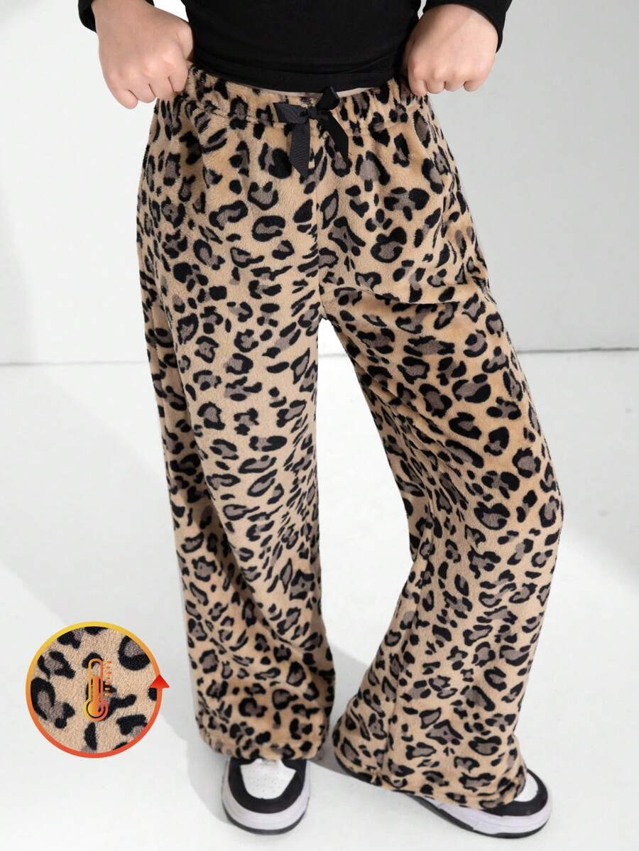 1pc Tween Girls Leopard Fleece Straight Leg Casual Pants, Autumn/Winter