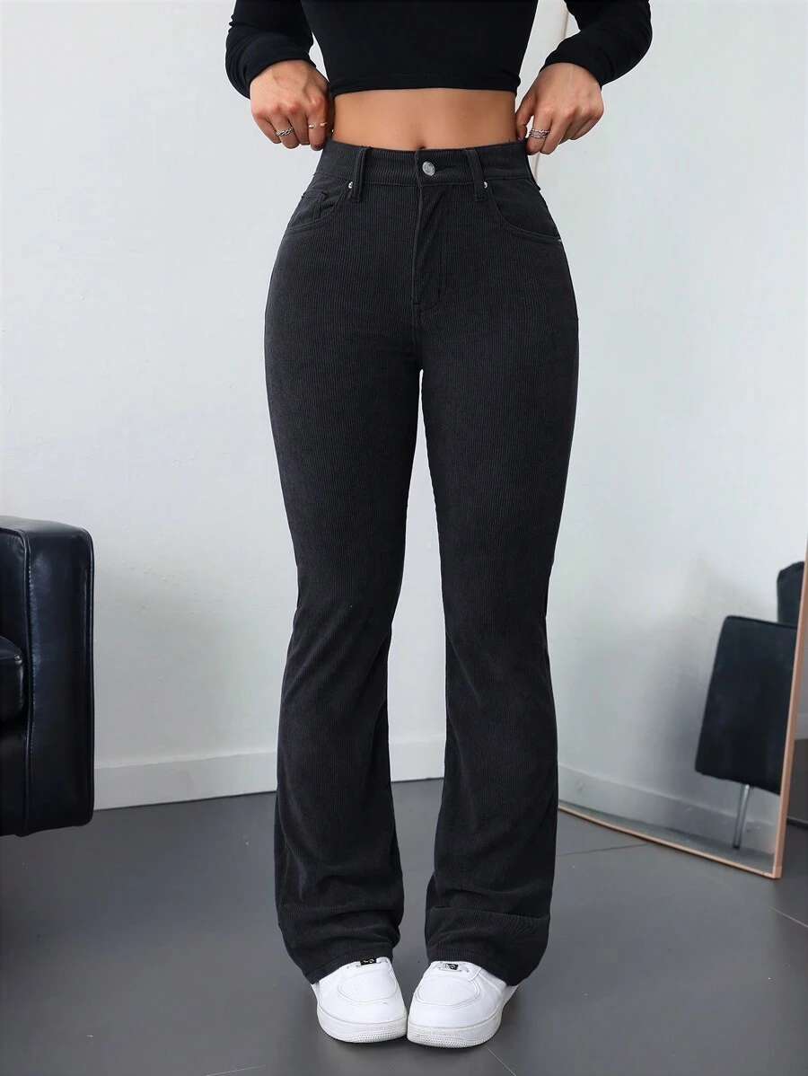 SHEIN MOOSTA Women's Front Button Pocket Casual Corduroy Pants Fall Cloth For Women - Grey - View 1