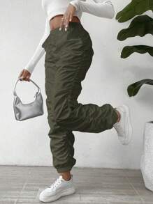 SHEIN LUNE Solid Ruched Pants Fall Cloth For Women - Army Green - View 5