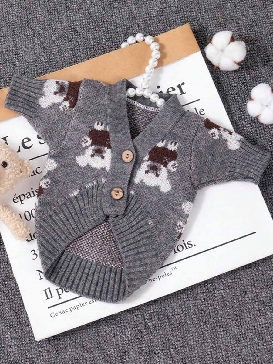 PETSIN 灰色针织保暖宠物毛衣带袖，可爱熊猫和狗狗设计，适合秋冬季