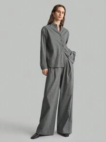 Ontre Koszula damska damska 2025 New Casual Urban Style Chinese Collar Striped Element Wiosna/Lato Szara Luźna Regularna, Uniwersalna Codzienna Moda