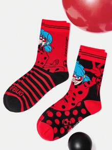 Miraculous Ladybug X SHEIN 2 pares de calcetines con estampado de figuras de dibujos animados y lunares a rayas de medianos para mujeres
