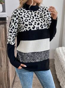 SHEIN LUNE 女士宽松落肩长袖豹纹撞色套头毛衣，秋冬针织套头衫 - 彩色 - 查看 1
