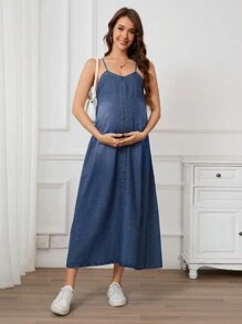 SHEIN Vestido vaquero informal largo con tirantes finos para embarazo