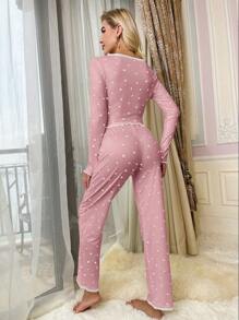SHEIN Bow Decor Heart Print Form Fitting Women Pajama Set, Fall Winter Clothes - Pink - View 2