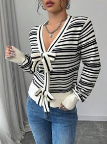 Chiquease Französischer Mode vielseitiger Schwarz-Weiß SchleifenCardigan mit V-Ausschnitt für Frauen, Reguläre Passform, Langarm für Herbst/Winter