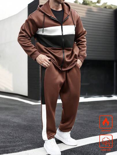 Manfinity Homme Men Plus Size Casual Colorblock Drop Shoulder Loose Zip Front Hooded Sweatshirt & Sweatpants Set, Spring/Autumn