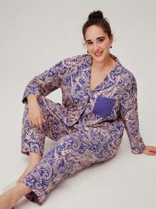 LUVLETTE Plus Women Plus Paisley Print Cotton Long Pajama Set Lounge Set For Women Lingerie Fall Pajamas Clothes,Spring And Summer - Blue and White - View 3