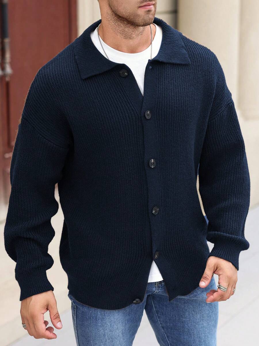 Manfinity Hypemode Plus Size Women's Solid Color Drop Shoulder Long Sleeve Single Breasted Casual Cardigan, Autumn/Winter - Navy Blue - View 1