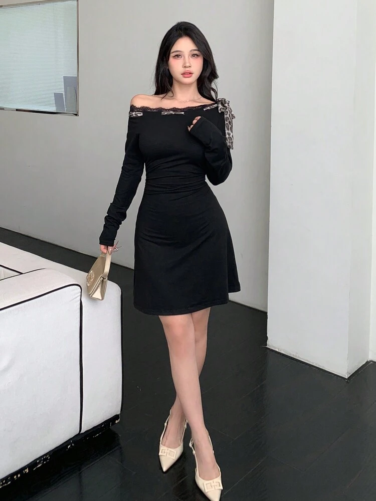 Off Shoulder Sexy Bodycon Leopard Print Lace-Up Splice Mini Dress For Women,Fall Dress Long Sleeve Dress