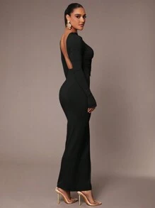 Silquee Women's Sexy Backless, Waist Ruched, Skintight, Long Sleeve, Dress In Heather Gray - Black - View 7
