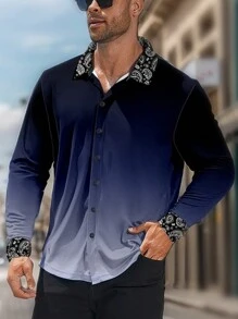 Manfinity Homme Plus Size Men Ombre Paisley Print Patchwork Long Sleeve Shirt, Autumn