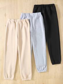 SHEIN Leap Crew 3 件套 Tween 女童宽松休闲简约舒适纯色中腰抽绳运动裤 - 杏色 - 查看 2