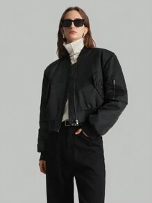 Ontre Women's Solid Black Long Sleeve Zip-Up Baseball Collar Padded Coat, Winter