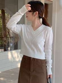DAZY Casual Versatile Solid Color Short V-Neck Long Sleeve Women Sweater,Fall Clothes - White - View 3