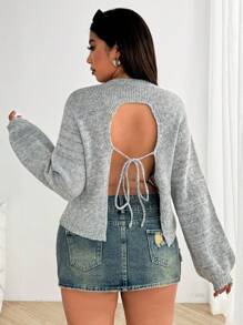 Calvaya Women's Fashion Open Back Lace Up Rib Knit Sweater, Crew Neck Long Sleeve Pullover