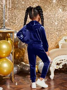 SHEIN Jong meisje mode feest fluwelen effen kleur capuchon vest set