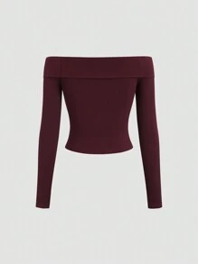 Flirla Solid Color Off Shoulder Hollow Out Long Sleeve Fitted Women's T-Shirt