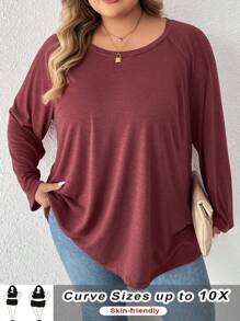 SHEIN CURVE+ 大码女士休闲宽松柔软圆领长袖 T 恤（红色），适合冬季穿着，适合新年、情人节和圣诞节 - 紅色 - 查看 4