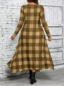 EMERY ROSE 大码女式格子中长连衣裙，秋季女装 - 棕色 - 查看 5