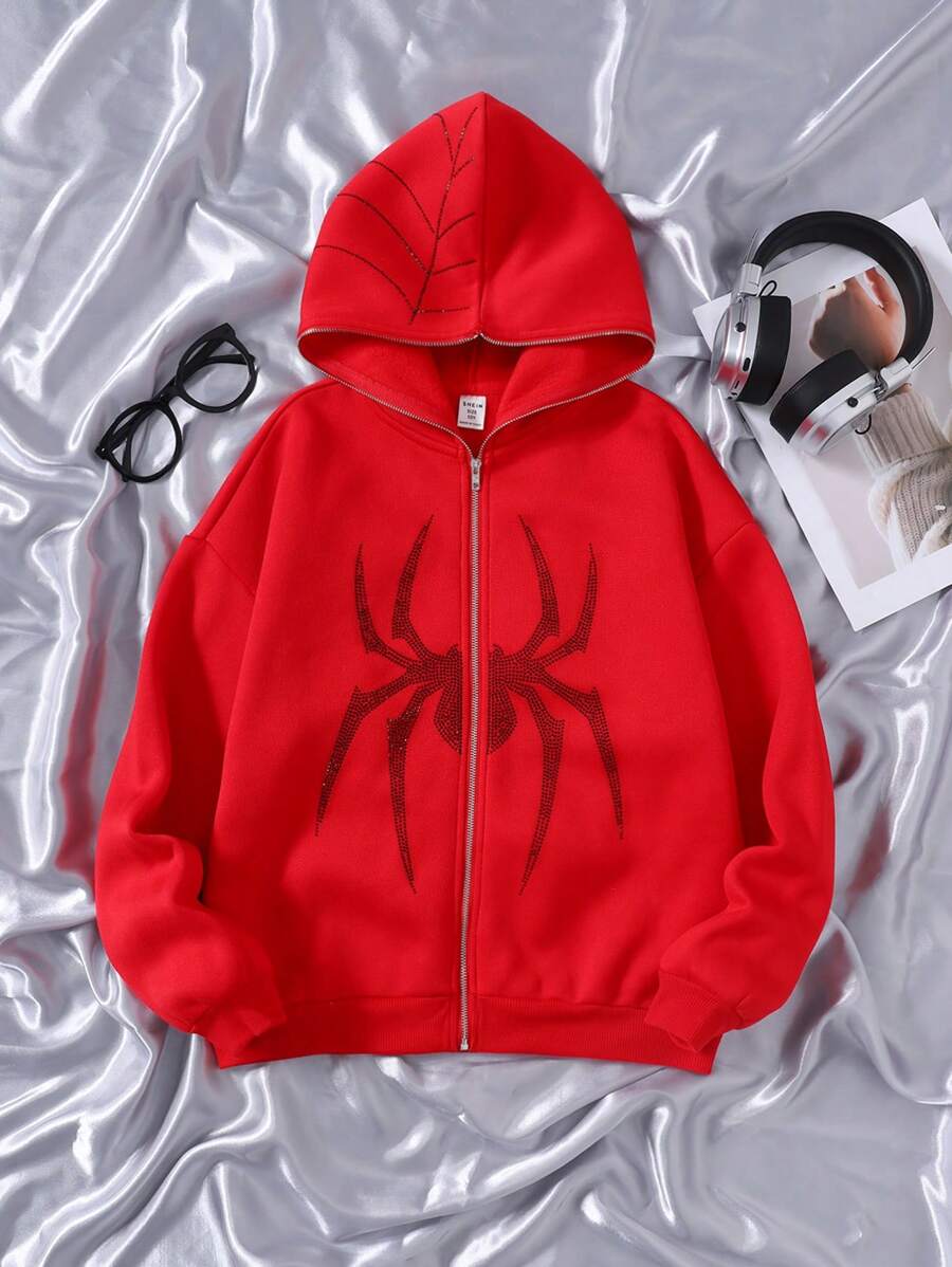 SHEIN Sudadera informal de niña preadolescente de punto polar con decoración de araña de strass, manga larga, para otoño/invierno - Rojo - Ver 1