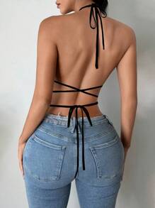 SHEIN SXY Women Sexy Solid Color Plush Criss-Cross Backless Knot Front Halter Top, Summer