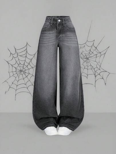 SHEIN ICON 여성용 캐주얼 전면 버튼 포켓 루즈 핏 데님 팬츠