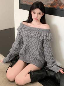 DAZY 女士露肩宽松流苏拼接毛衣，秋季可爱上衣 - 灰色 - 查看 7