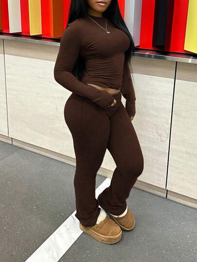 INAWLY 2pcs/Set Women Casual Solid Round Neck Long Sleeve Fitted T-Shirt And Pants Outfit, Autumn Fall Cloth For Women