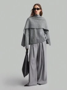 Ontre 女士灰色长袖针织毛衣配围巾领，温暖休闲，适合春季，2025 年新品系列